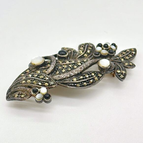 Art Nouveau Style 925 Sterling Silver Marcasite Brooch w Onyx Moonstone Details - Picture 3 of 12